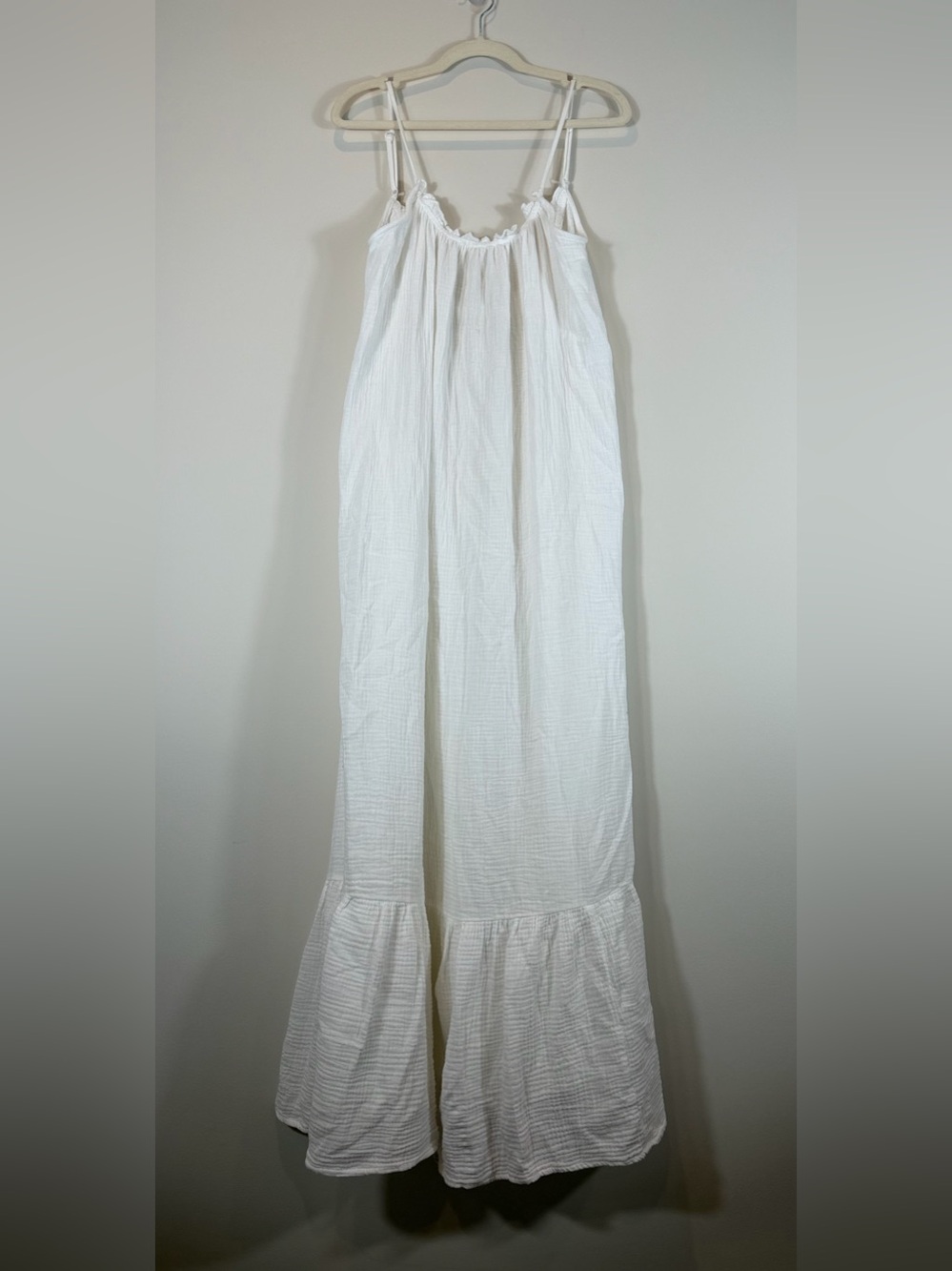 Davina White Maxi Gauzy Sundress with Ruffle Hem Adjustable Straps Large